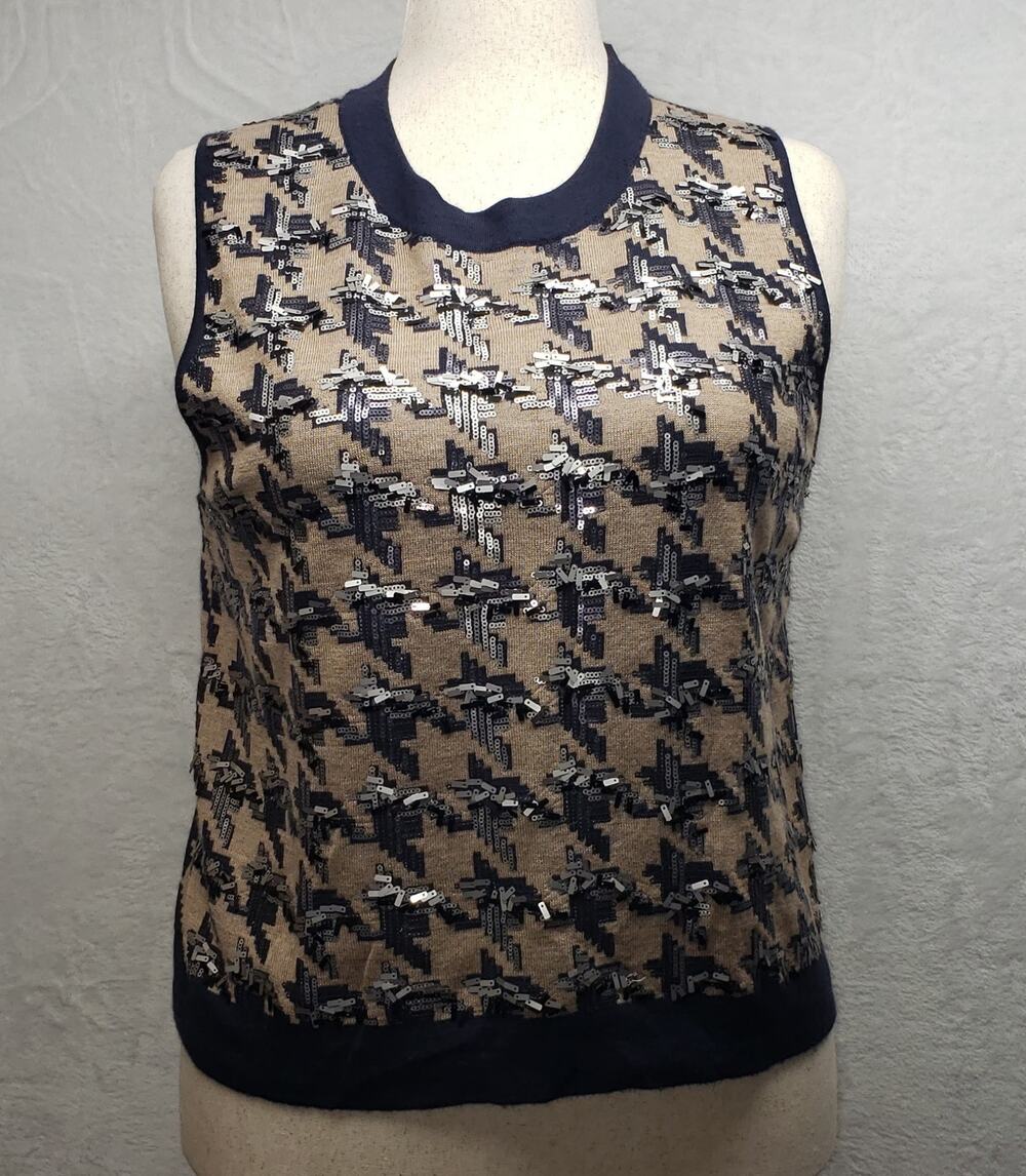 Ann Taylor XL Sequined Houndstooth Sweater Vest Navy Beige Wool Blend Preppy